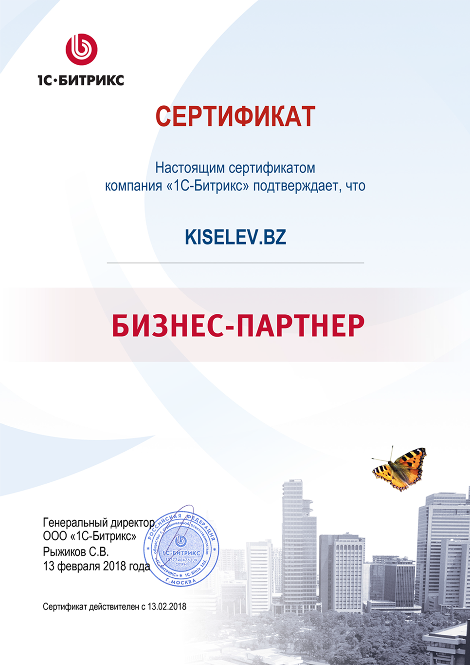 Сертификат партнёра по СРМ системам в Верхнем Уфалее